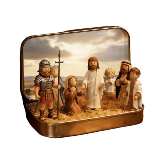 Mini Easter Jesus Figurines in Tin Box 2.36x3.74", Crucifixion Resurrection Scene, Christian Religious Tabletop Decor Gift for Home Office Easter