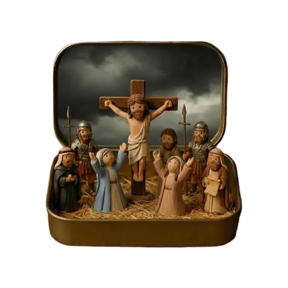 Mini Easter Jesus Figurines in Tin Box 2.36x3.74", Crucifixion Resurrection Scene, Christian Religious Tabletop Decor Gift for Home Office Easter