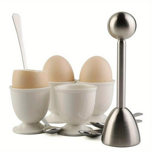 Mini Egg Shell Cutter Set Stainless Steel Include Egg Spoons and Ceramic Egg Cups Stainless Steel Shells Remover Top Cutter for Breakfast Kitchen Tool