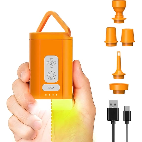 Mini Electric Air Pump for Inflatables with Camping Light, Portable Tiny Travel Air Pump, Quick-Fill Small Inflator/Deflator with 5 Nozzles for Pool Floats, Air Mattress, Vacuum Storage Bag