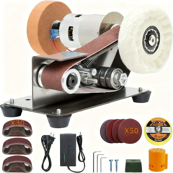 Mini Electric Belt Sander | 7 Adjustable Speeds, 30 Belts & 50 Sandpaper | Compact Grinder/Sharpener/Polisher for Knife Making, Wood/Metal Working, DIY | 110V Plug + Accessories