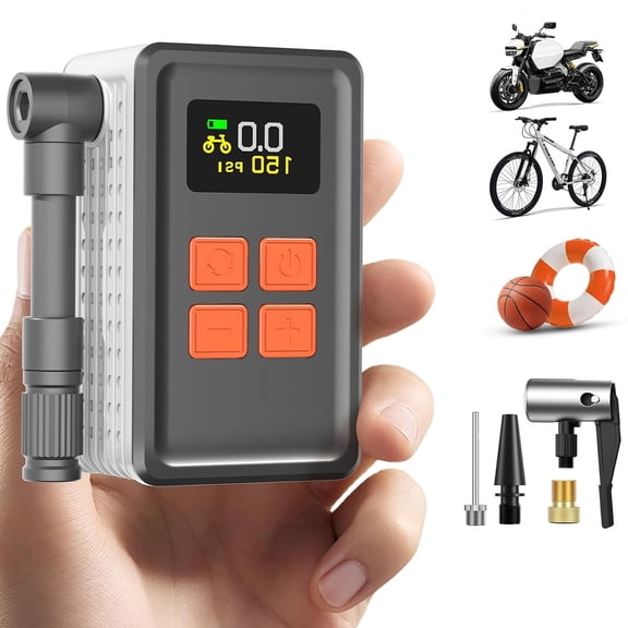 Mini Electric Bike Pump, 150PSI Fast Inflate Bike Pump with Gauge, Auto Stop, Portable Electric Air Pump with Presta & Schrader Valve for Mountain Bike, Road Bike, E-Bike (Gray)