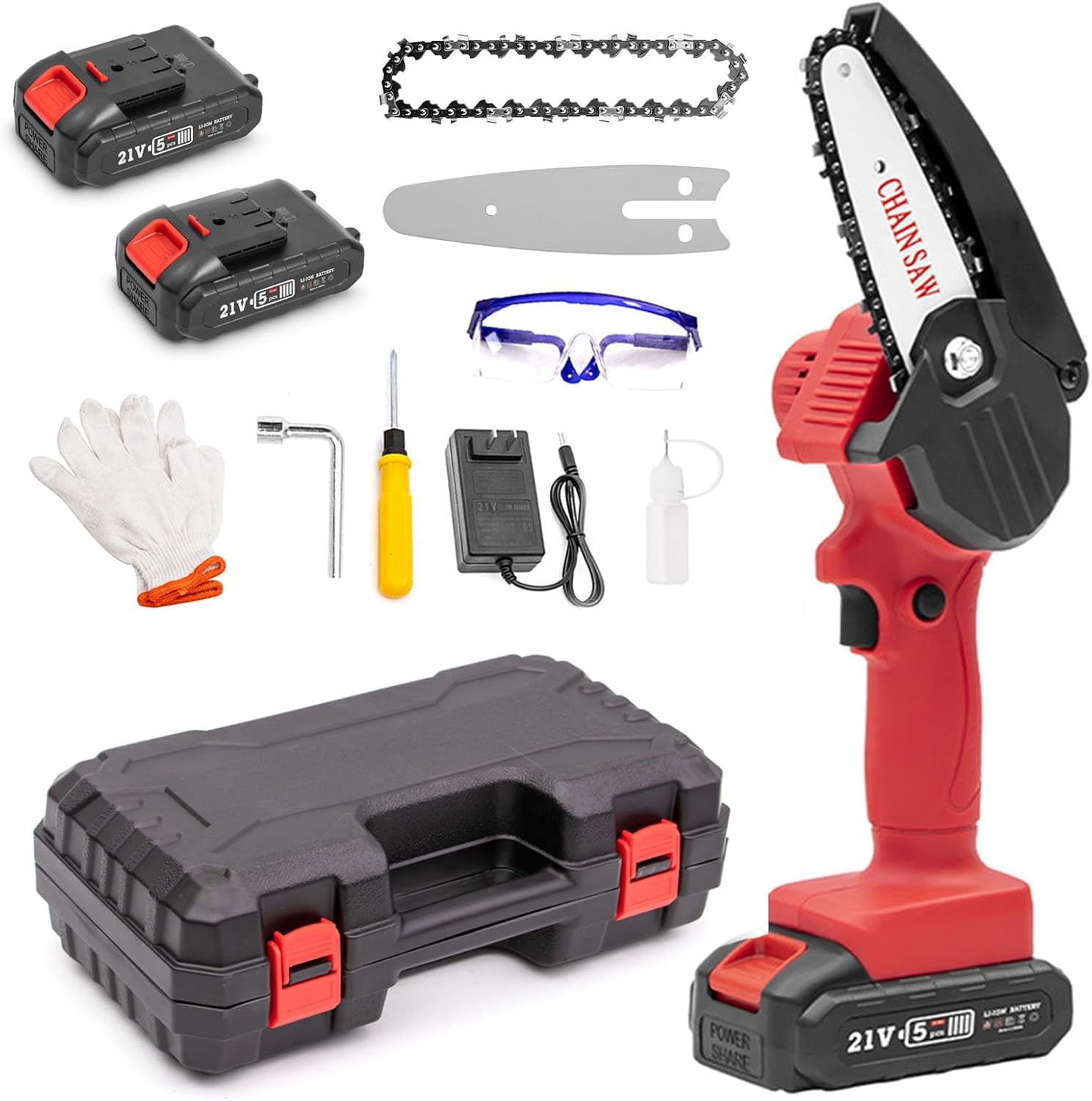 Mini Electric Chainsaw Cordless 4-inch, Portable Electric Chainsaw Cordless with Battery, Handheld Mini Chain Saw, for Wood Cutting Tree Trimming DIY Gardening Camping (Red, 2Battery)