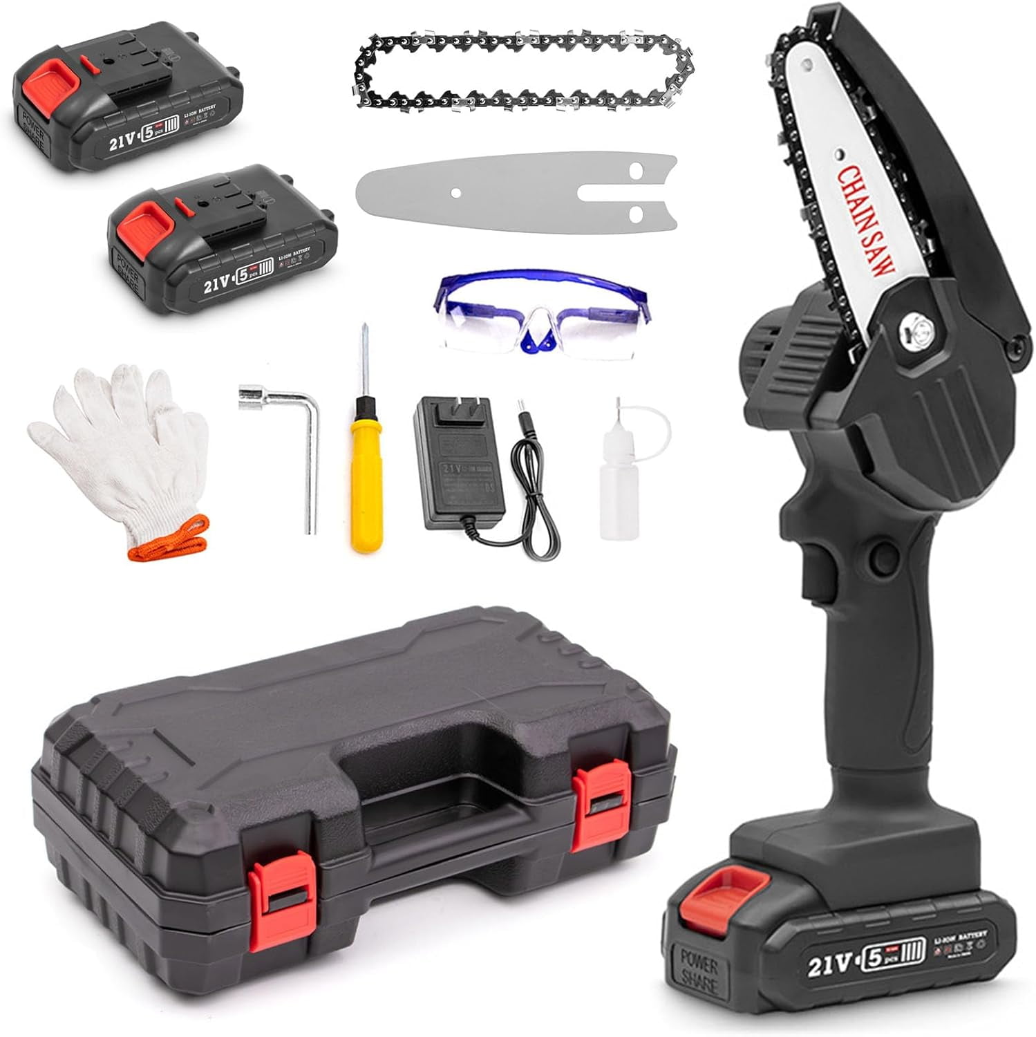 Mini Electric Chainsaw Cordless 4-inch, Portable Electric Chainsaw Cordless with Battery, Handheld Mini Chain Saw, for Wood Cutting Tree Trimming DIY Gardening Camping (Black, 2Battery)