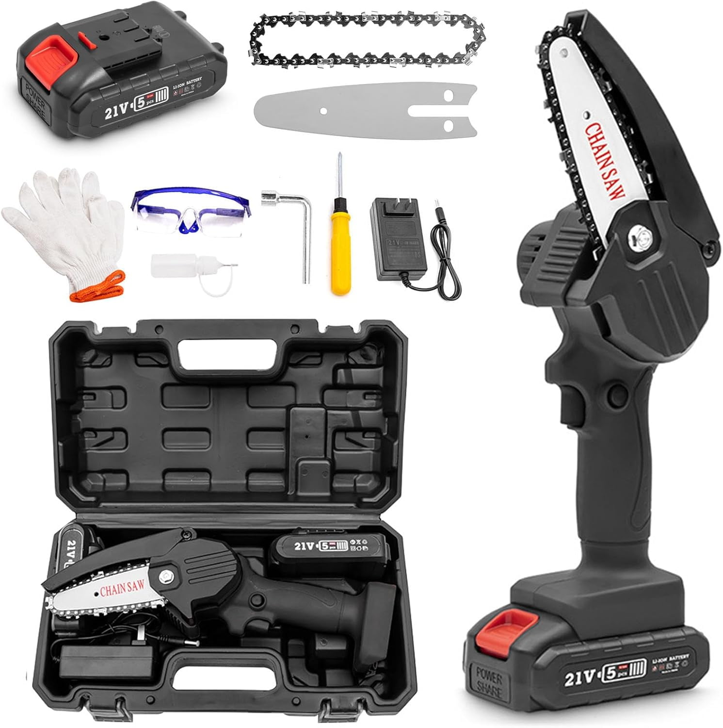 Mini Electric Chainsaw Cordless 4-inch, Portable Electric Chainsaw Cordless with Battery, Handheld Mini Chain Saw, for Wood Cutting Tree Trimming DIY Gardening Camping (Black, 1Battery)