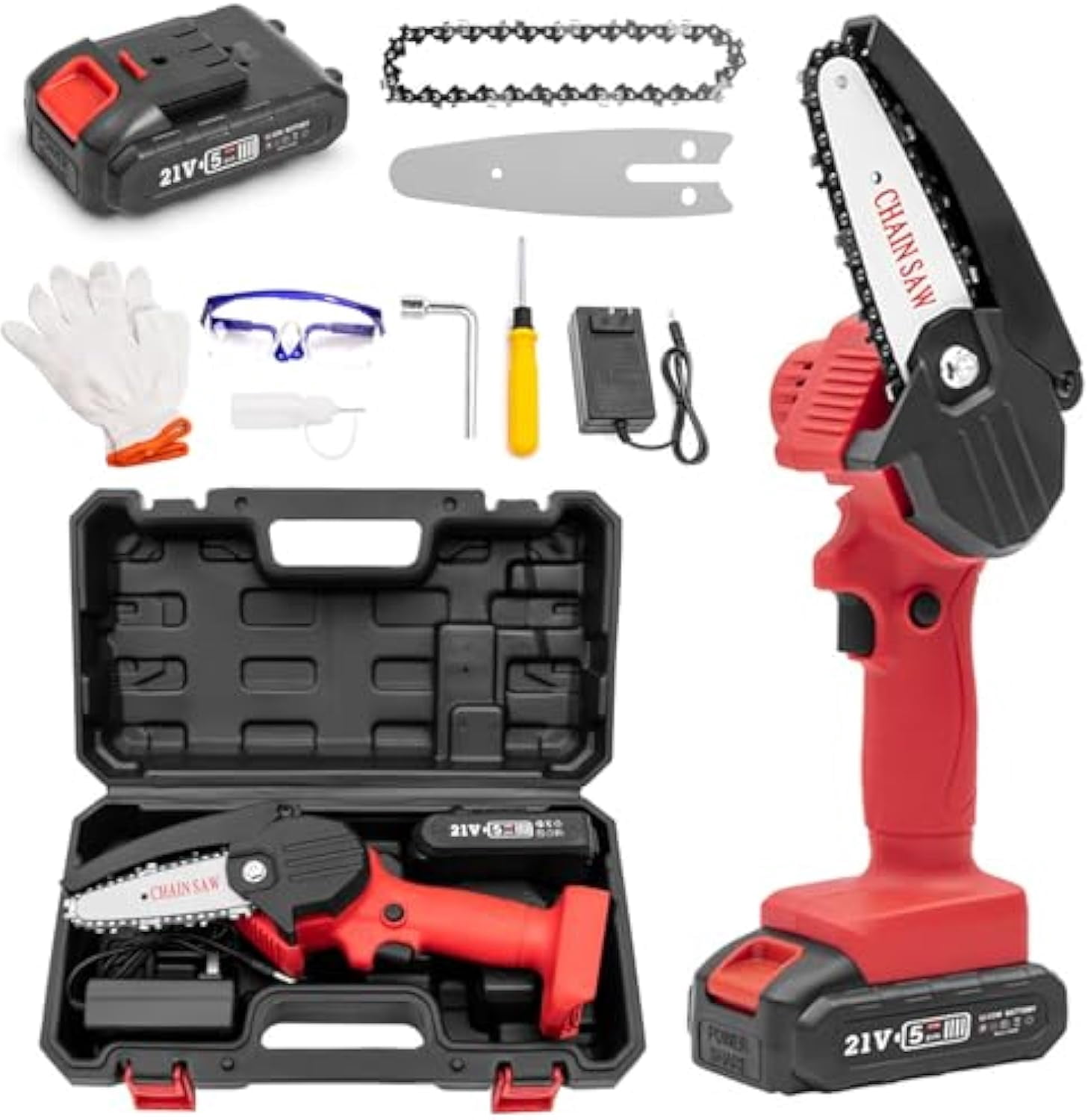 Mini Electric Chainsaw Cordless 4-inch, Portable Electric Chainsaw Cordless with Battery, Handheld Mini Chain Saw, for Wood Cutting Tree Trimming DIY Gardening Camping (Red, 1Battery)