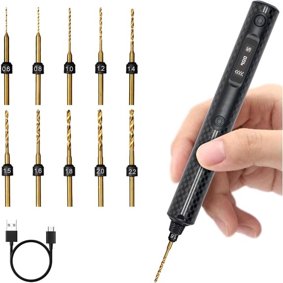 Mini Electric Drill, Precision Hand Drill with OLED Display, Carbon Fiber , 5-Speed 900RPM High Torque, 10 HSS Bits for , Making, , DIY, Black
