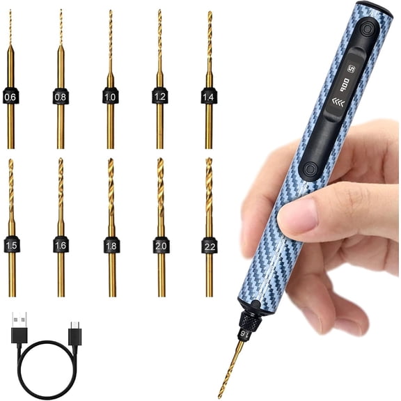 Mini Electric Drill, Precision Hand Drill with OLED Display, Carbon Fiber , 5-Speed 900RPM High Torque, 10 HSS Bits for , Making, , DIY, Blue