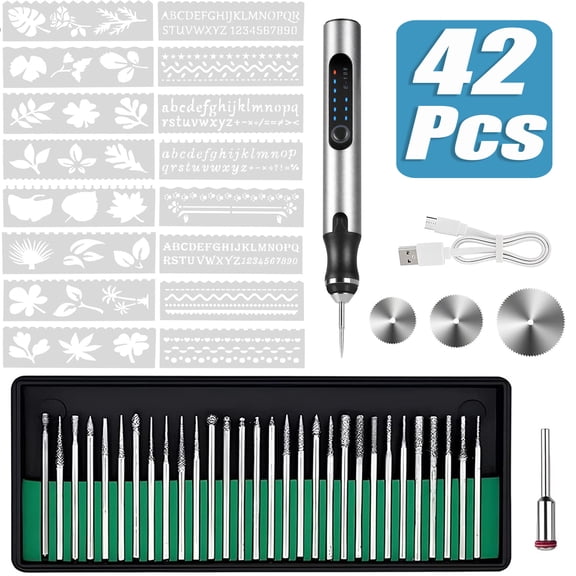 42Pcs Electric Engraving Pen Kit, Mini Portable DIY Tool, Portable Engraving Tool for Jewelry Wood Metal Stone Plastic Glass Etching