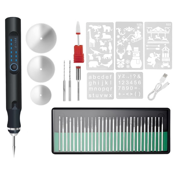 Mini Electric Engraver TeqHome Rechargeable Engraving Pen with 33Pcs Burr Bits 5Pcs Stencils 3 Gears Speed Engraved Jewelry Glass Stone Metal Wood Black