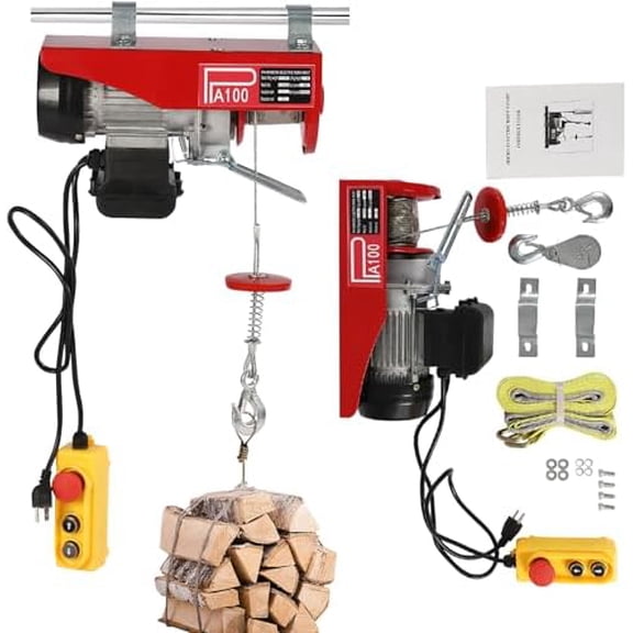 Mini Electric Hoist with Emergency Stop, 220lb Capacity, 480W 110V, Wired Remote, 2 Lifting Straps, for Garage, Warehouse, Construction$$Tools & Hardware Other