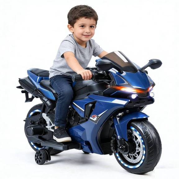 Mini Electric Motorcycle 12V, 9mph Ride-on Dirt Bike for Boys Girls, Dual Motors, LED Light Up Tires, Suspension & Assist Wheels