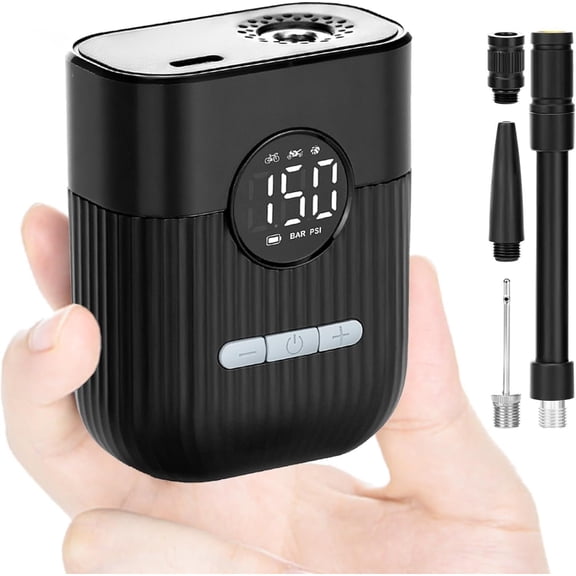 Mini Electric Pump: 30s Inflate 150 PSI High Gauge with Presta & Schrader Valve - Bicycle Tire Pump for Bikes Balls - Auto-Stop Rechargeable Portable Air Pump