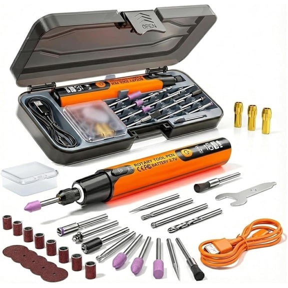 Mini Electric Rotary Tool Set with LED Light & Digital Display, Engraving Kit, 6-Speed Engraving Pen for Wood Carving, Glass Etching, Sanding, Small DIY Hobby Hand Tool (Orange)