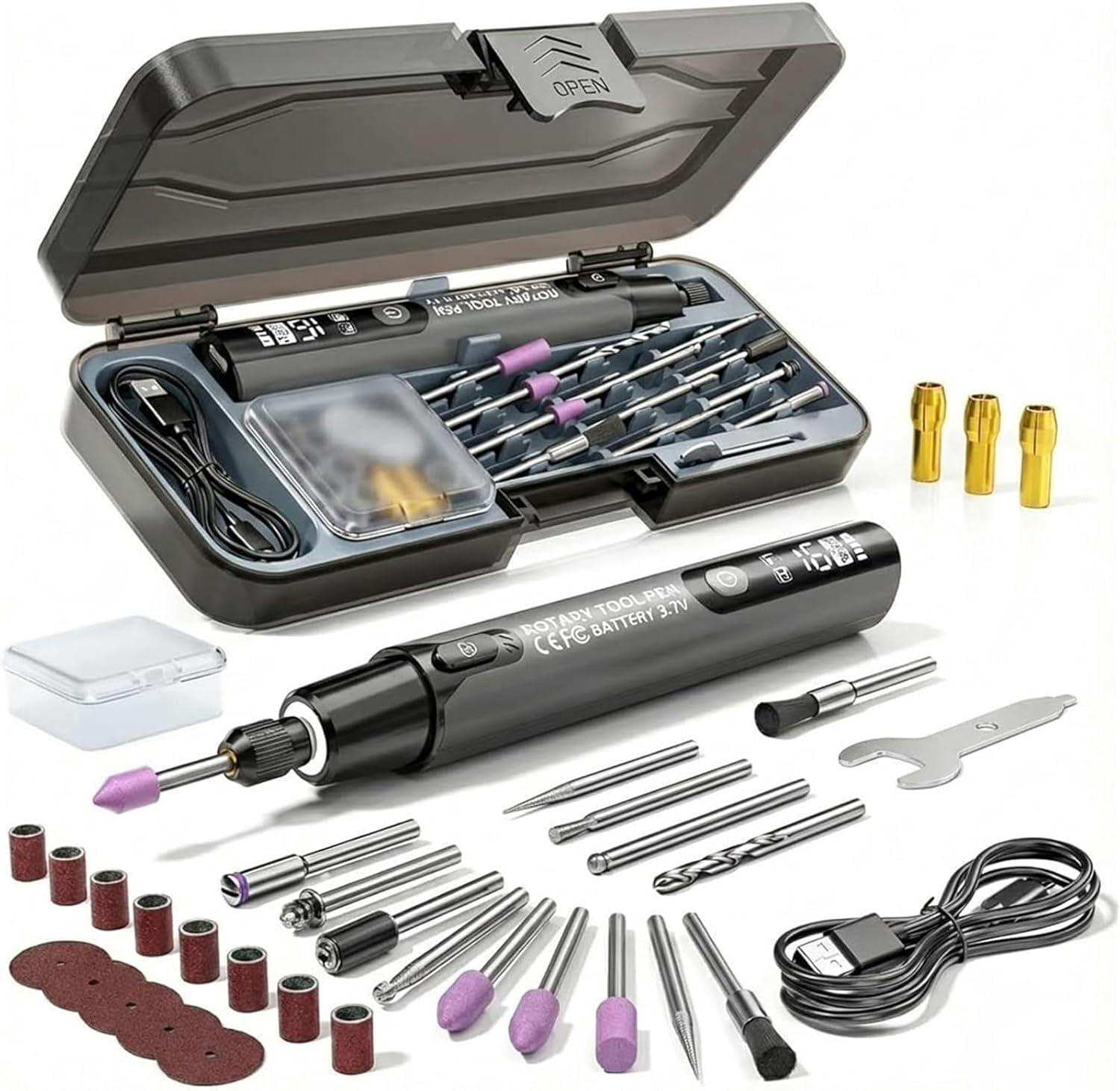 Mini Electric Rotary Tool Set with LED Light & Digital Display, Engraving Kit, 6-Speed Engraving Pen for Wood Carving, Glass Etching, Sanding, Small DIY Hobby Hand Tool (Gray)