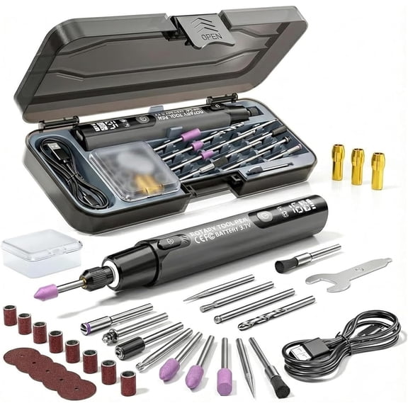Mini Electric Rotary Tool Set with LED Light & Digital Display, Engraving Kit, 6-Speed Engraving Pen for Wood Carving, Glass Etching, Sanding, Small DIY Hobby Hand Tool (Gray)