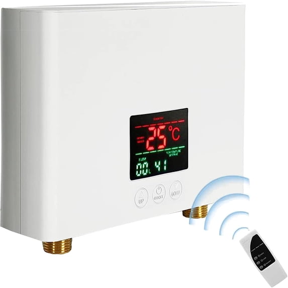 Mini Electric Tankless Water Heater 3000W 110V Constant Temperature Instant Hot Water Heater with Remote Control Digital Display On Demand Hot Water Heater-White