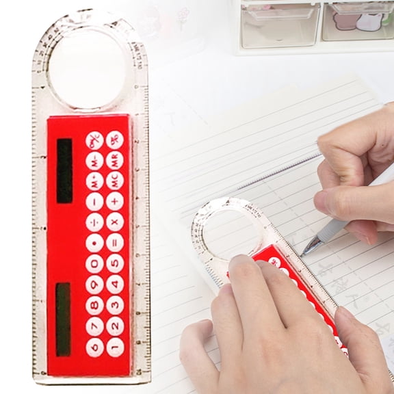 Mini Electronic Ruler, Transparent Ruler Calculator with Magnifier, 4-in-1 Stu-dent Schol Electronics, Multifunctional Measuring tool for Classroom and Office (Red, 13*5 Cm)