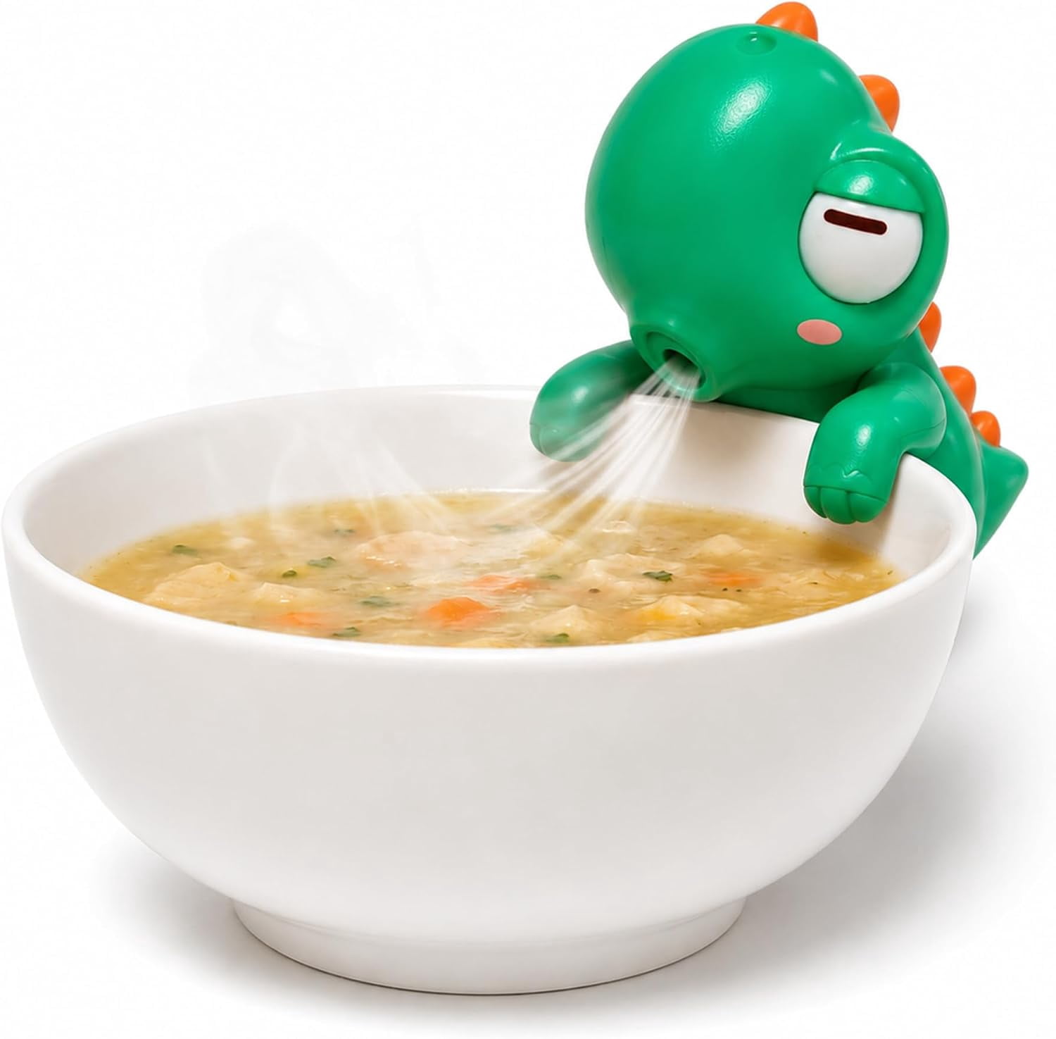 Clip-on food cooling fan blowing air over hot soup