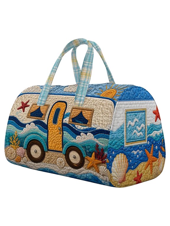 Mini Embroidered Camper Van Tote Bag - Cute Bunny Lavender Quilted RV Trailer Handbag for Plush Doll Carrier, Small Cosmetic Pouch Desk Decor