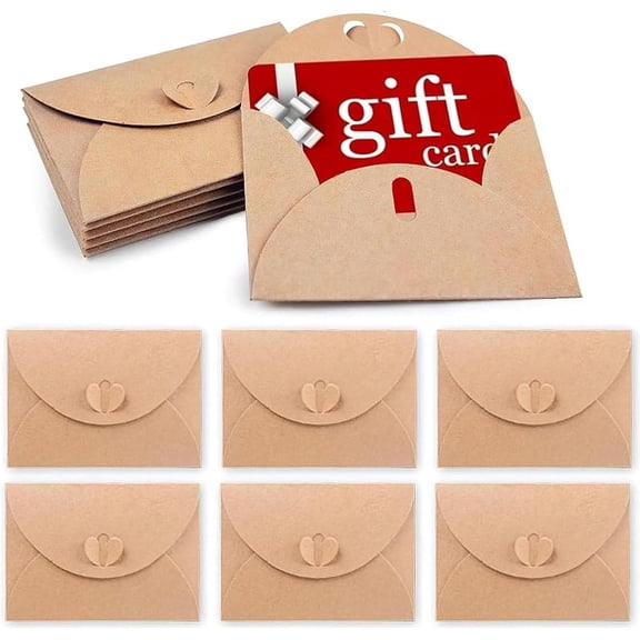 Mini Envelopes 50 Pack, 4.1x2.8 Inch Kraft Paper Small Envelopes with Heart Clasp for Gift Cards Wedding Party Favors