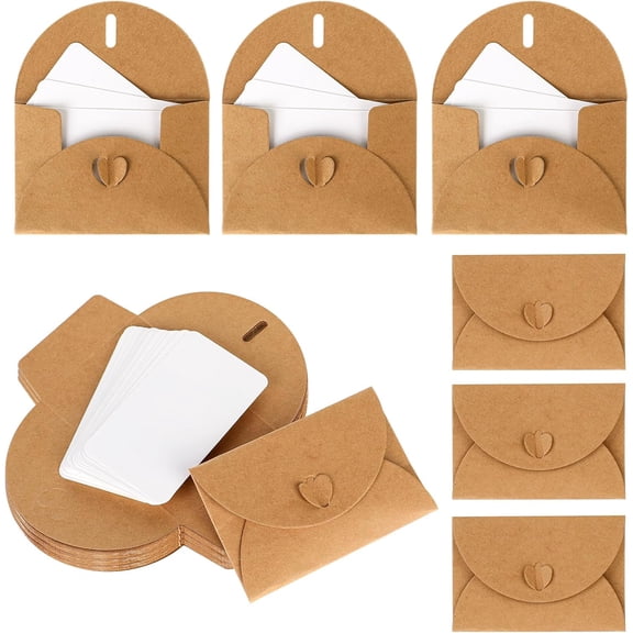 Mini Envelopes with Blank Cards 4.1 x 2.8 inch Kraft Paper Gift Card Holders Cute Tiny Envelopes with Heart Clasp for Gift Cards, Wedding Party Favors, Greeting Cards Mailing, Business Cards