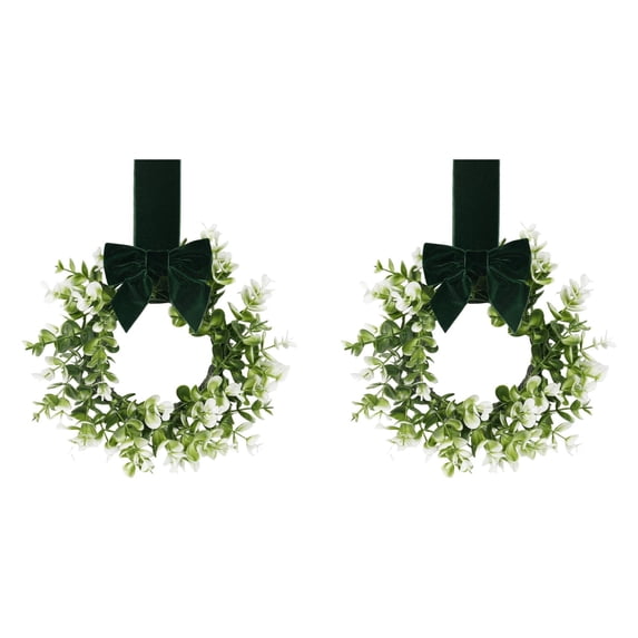 Mini Eucalyptus Hanging Wreath with Fabric Bow, Artificial Greenery Wreath for Kitchen Cabinet Window Front Door Mantel Indoor Seasonal Holiday Home Decoration 2pc
