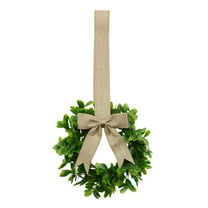 Mini Eucalyptus Wreath, Green Artificial Wreath, Summer Spring Farmhouse Porch Wall Window Decoration (with Coarse Linen Cloth Bow) 1 Pcs, 9.45 Inches