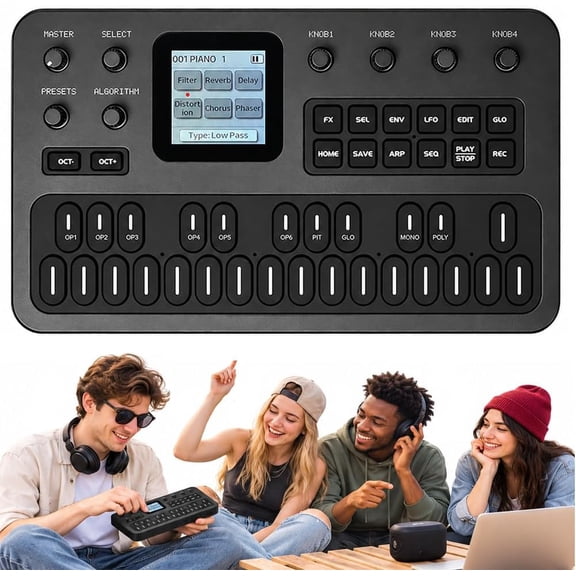 Mini FM Synthesizer, Portable FM Synth with 27 Key Keyboard, 128 Preset Tones, 32 Algorithms, Built In Speaker, USB C MIDI Controller for Music Creation, Studio and Travel