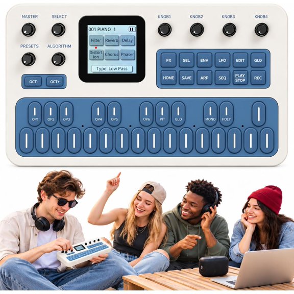 Mini FM Synthesizer, Portable FM Synth with 27-Key Keyboard, 128 Presets, 32 Algorithms, Built-in Speaker, USB-C MIDI and Sequencer for Music Creation