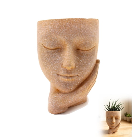 Mini Face Planter Resin Succulent Pot Garden Decor, Abstract Human Face Design Sandstone Texture Modern Art Style, Indoor Desk Balcony Windowsill Decor For Succulent Lovers And Home Styling
