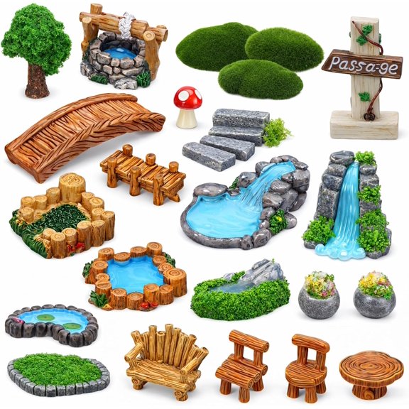 Mini Fairy Garden Accessories, Miniature Landscape Decorations Included Mini Bridge Pond Water Well for DIY Craft Lawn Pond Decor