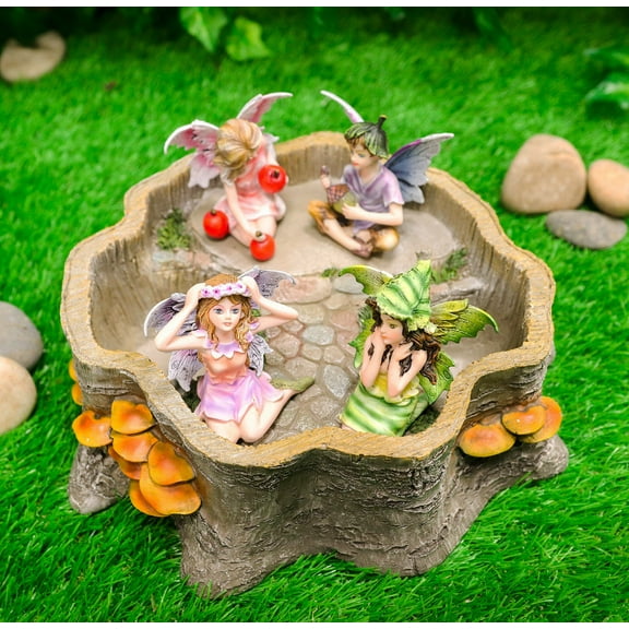 Mini Fairy Garden Fairies With Tree Stump House Nook Display Figurine Set Of 5