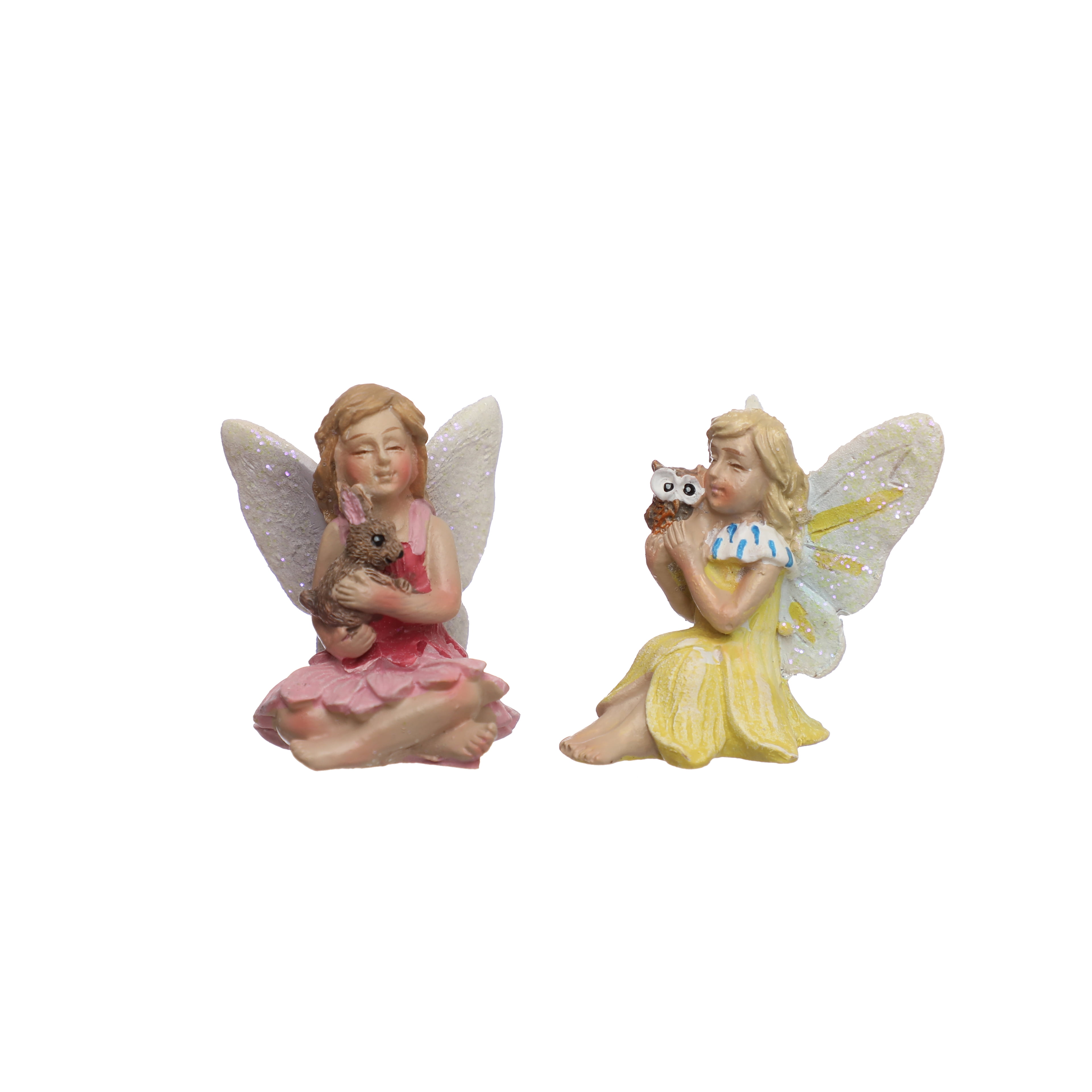 Miniature Fairy Figurines with Pets in Pink and Yellow Dresses