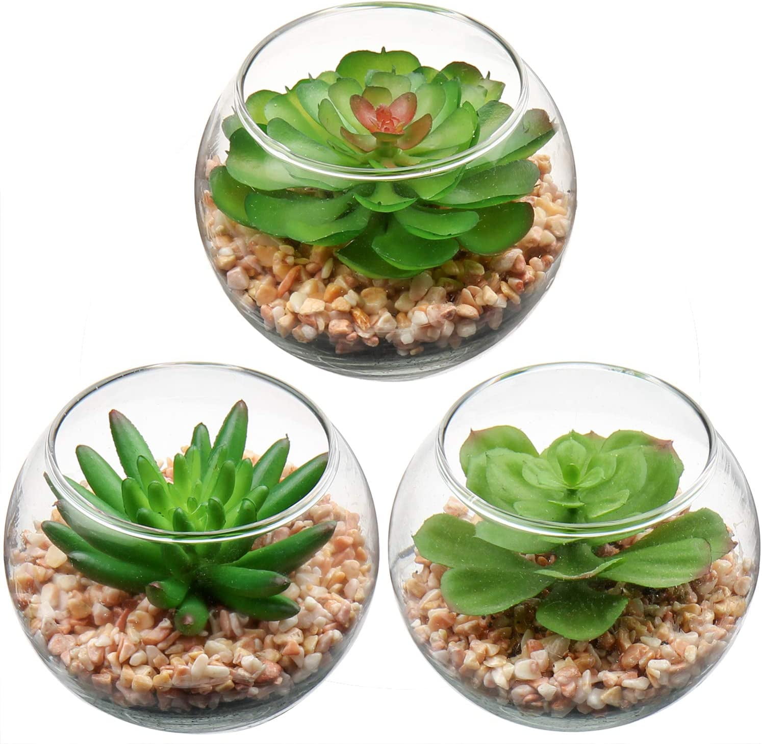 Mini Fake Plants 3 Packs Artificial Succulents Plants in Round Glass Vase Cute Faux Succulents for Bathroom Kitchens Shelf Table Decor