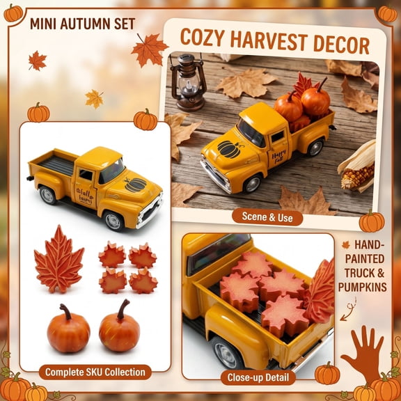 Mini Fall Harvest Yellow Pickup Truck Decor Set,Painted Resin Pumpkin Maple Leaf Miniature Kit,Halloween Home Decor, Halloween Room Decor Indoor Halloween Party Table Desk Decorations