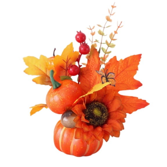 Mini Fall Pumpkin with Artificial Sunflower Centerpieces for Thanksgiving Table, Floral Decor with Berry Maple Leaves, Autumn Home Fireplace Mantle Living Room Kitchen Party Decoration