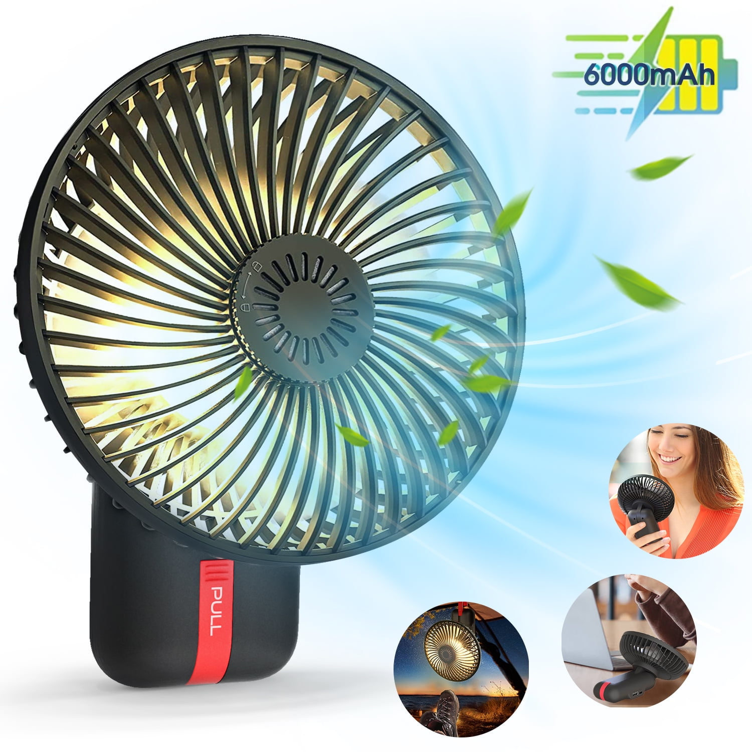 Mini Fan, Kloudic 6000 mAh Small Personal Fan with 3 Speeds with 180°  Oscillation , Hanging Hook, LED Light, Power Bank for Home Office Car  Outdoor Travel, Black 