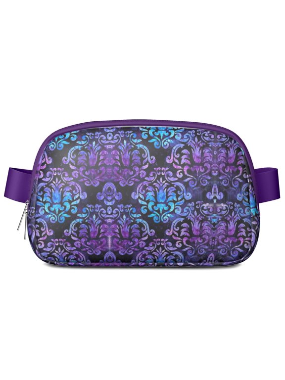 Mini Fanny Pack Aqua and Purple Damask Pattern Belt Bag for Women, Fashionable Waterproof Waist Pack with Adjustable Strap for Workout Running Traveling Hiking Cycling