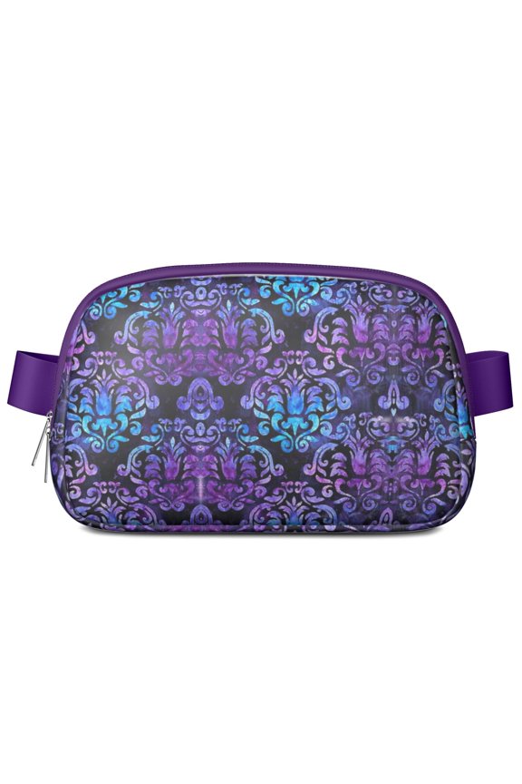 Mini Fanny Pack Aqua and Purple Damask Pattern Belt Bag for Women, Fashionable Waterproof Waist Pack with Adjustable Strap for Workout Running Traveling Hiking Cycling