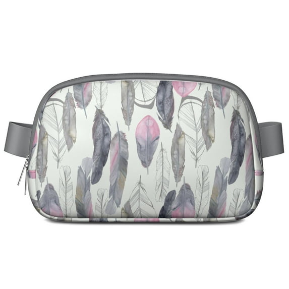 Mini Fanny Pack Gray Pink Boho Bohemian Feathers Belt Bag for Women, Fashionable Waterproof Waist Pack with Adjustable Strap for Workout Running Traveling Hiking Cycling