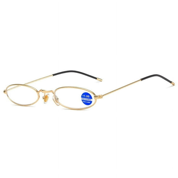 Mini Fashion Gold Aluminum Alloy Box Presbyopic Glasses Metal Portable Pen Holder Type Ultralight Small Oval Reading Glasses +1.00 with Case