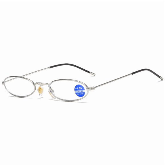 Mini Fashion Silver Aluminum Alloy Box Presbyopic Glasses Metal Portable Pen Holder Type Ultralight Small Oval Reading Glasses +1.00 with Case