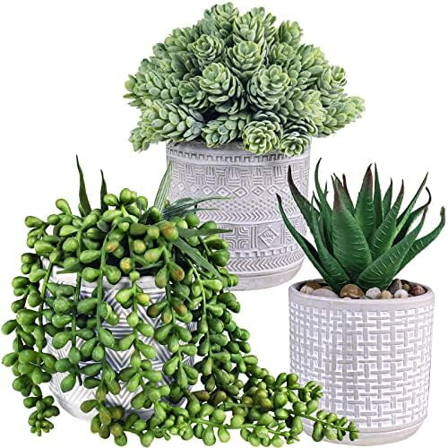 Set of 3 Assorted Small Potted Succulent Plants Fake Aloe String of Pearls Hops Succulents in Gray Geometric Concrete Ceramic Pots for Gifts Modern Home Office Desk Table Indoor Outdoor