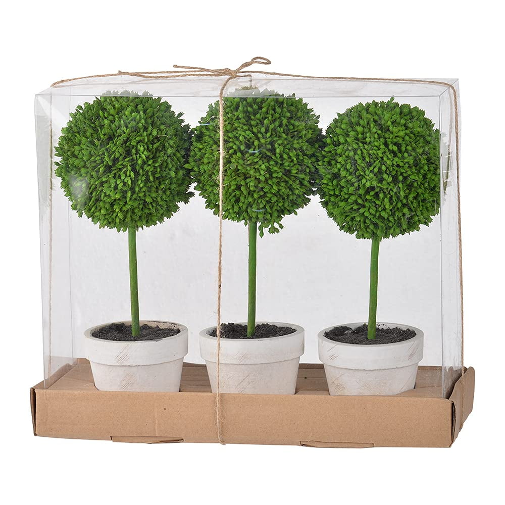 Mini Green Plastic Topiary Trees in White Pots, Set of 3