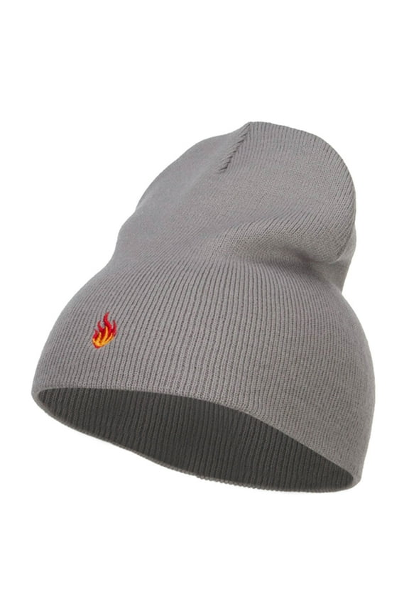 Mini Fire Embroidered Short Beanie - Grey OSFM