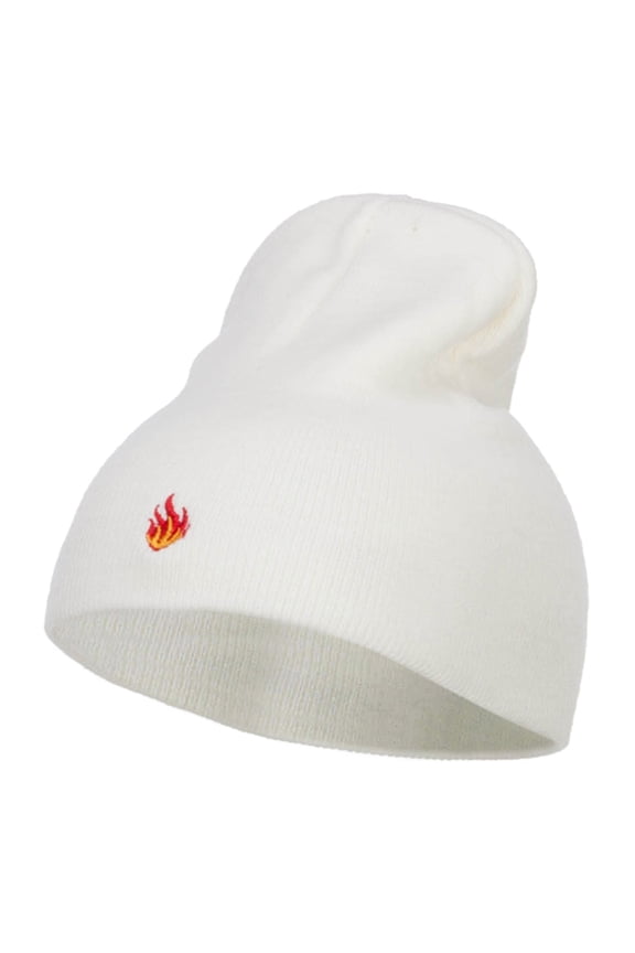 Mini Fire Embroidered Short Beanie - White OSFM
