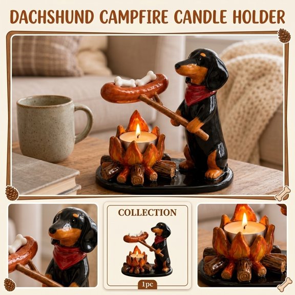 Mini Fire Pit for Table, Resin Dachshund Campfire Tealight Stand, Candle Holder Decor, Centerpiece Table Decorations for Dining Space, Camping Decorations for Rv, Practical Table