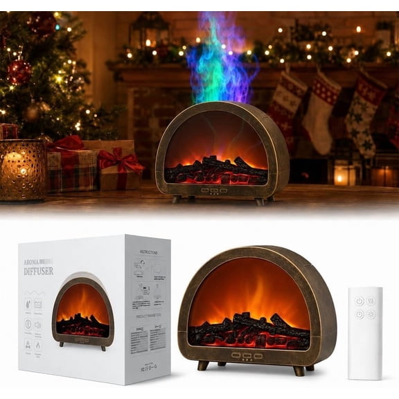 Mini Fireplace Diffuser Tabletop Fire Place Mist Humidifier Flame Effect.Looks like Real Small Countertop Essential Oil Aroma Remote Cool Air Home Room Desk Office Christmas Decor Lamp