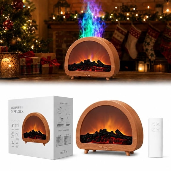 Mini Fireplace Diffuser Tabletop Fire Place Mist Humidifier Flame Effect Looks like Real Small Countertop Essential Oil Aroma Remote Cool Air Home Room Desk Office Christmas Decor Lamp